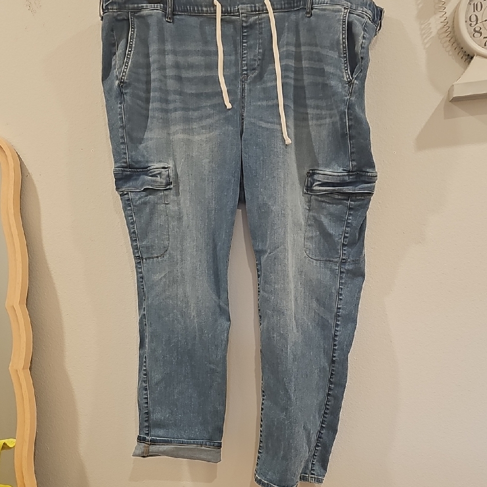 Torrid Women’s Straight Leg Cargo Jeans Elastic Drawstring Waist Light Blue 24W